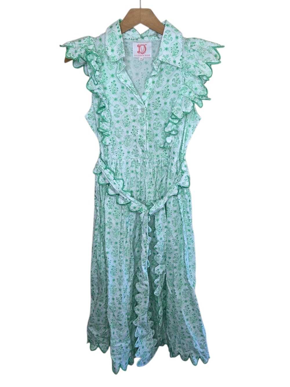 Victoria Dunn Green White Floral Print Midi Dress Scallop Trim Cottage Size XS